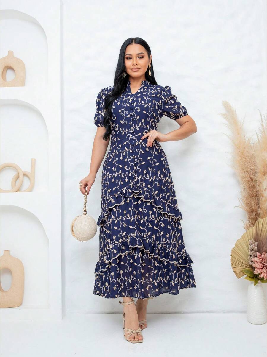 Women's Maxi Dress With Embroidered Appliqués, Puff Sleeves, Layered Skirt, V-Neck, Faux Buttons On The Bust, Elegant, Romantic And Perfect. - 藏蓝色 - 查看 1