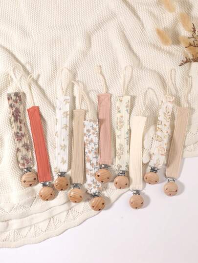 2 piezas Cadena de chupete para bebé, Clip de chupete con estampado de moda y Clip de chupete de madera de 3 agujeros, Adecuado para niños y niñas, Regalo de uso diario