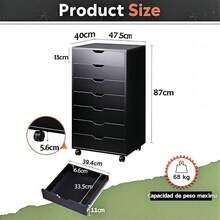 Cómoda de Madera con cajones y archivador, Cofre de Almacenamiento con Ruedas (Blanco) - Negro - Ver 1