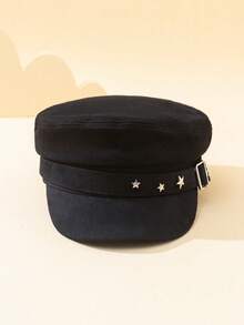 1 Stück Damen Einfarbiger Fünfzackiger Stern Schnalle Flacher Breiter Krempe Hut, vielseitige Zeitungsboy Mütze für Lässig, Ausflüge, Pendeln - einfarbig - Übersicht 6