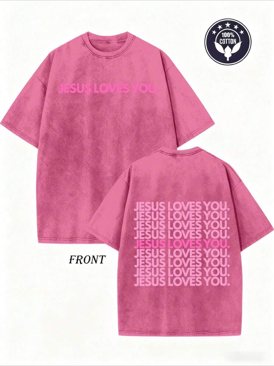 230GSM Heavy Washed T-Shirt- Jesus Loves You Religious Pattern T-Shirt, Pink Green And Pink Letters Double-Sided Print- Christian Clothing, Unisex Crew Neck Top, Suitable For Church, Casual Wear, Gift Giving- Machine Washable Soft Crew Neck - Màu Hồng Tươi - Xem 1