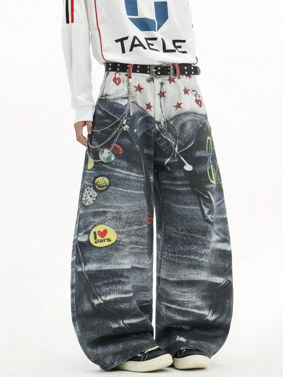 1件 Justice Brother 街头时尚小众数码印花男士蓝色牛仔裤，宽松阔腿休闲裤（不含腰带和配饰） - 藍色 - 查看 1
