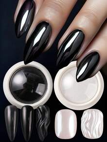 2件装黑色魔镜镀铬美甲粉 - 镜面闪粉，极光电镀白色珠光冰透明美人鱼美甲闪粉装饰，Y2K黑色，适合美甲师和DIY爱好者 - 黑與白 - 查看 9