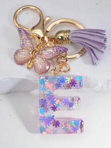 Chaveiro com inicial (1 unidade), pingente de floco de neve em resina, acessório decorativo para bolsas femininas, pingente de borboleta, presente. - Roxa - Ver 19