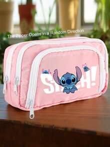 1pc Stitch Cartoon Desktop Pencil Case, Large Capacity Multi-Compartment Stationery Storage Bag, Double-Zipper Design, Zipper, Back To School Teens Office Supplies Pen Pouch Gift