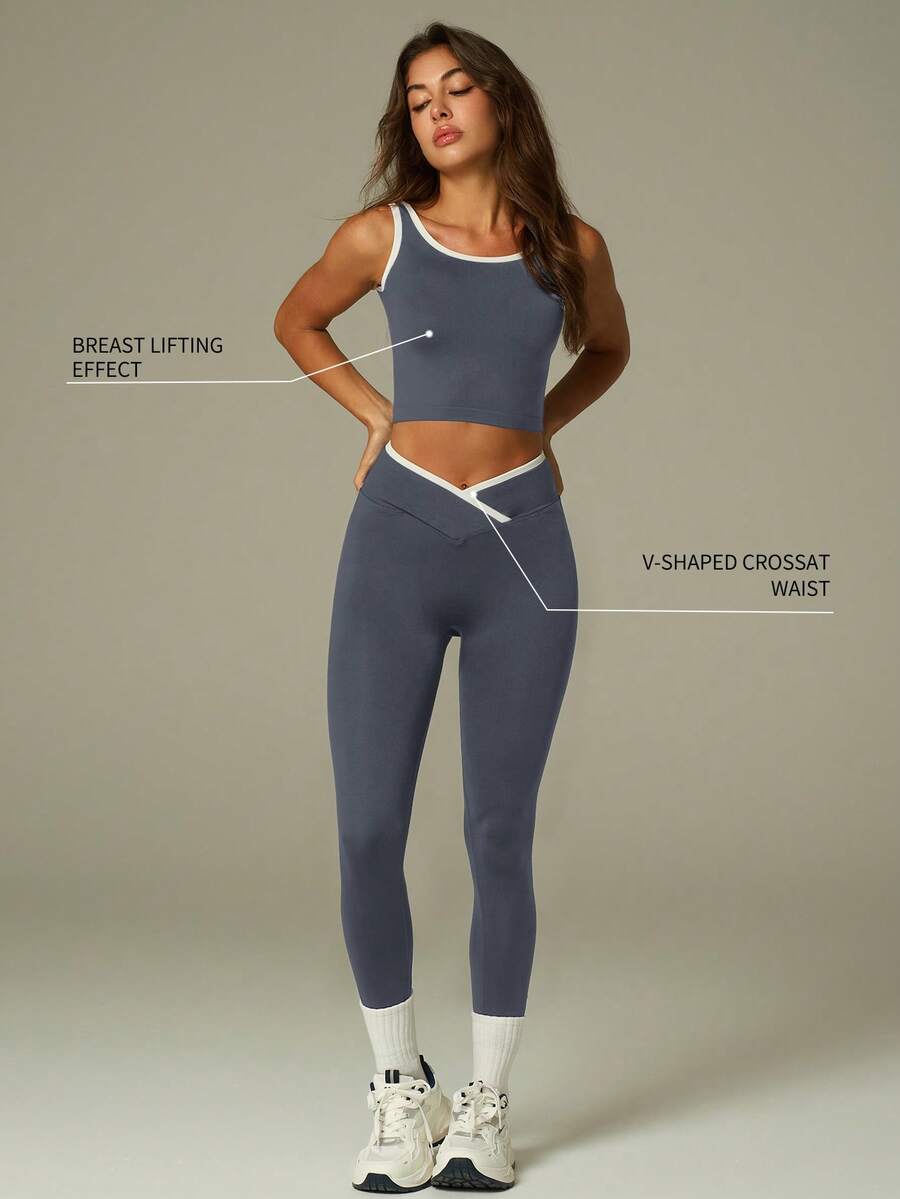 UONNOU 女士无袖上衣和紧身裤两件套运动服套装，采用蜜桃形提拉设计，收腰剪裁，面料柔软舒适，适合网球、高尔夫、羽毛球、球类运动、瑜伽、普拉提、轻度锻炼、健身房、跑步、户外休闲、通勤、工作、购物以及各种运动场合，时尚无缝运动服套装，四季皆宜。