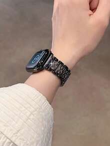 1pc Compatible With Apple Watch Band, Unisex, Shiny Fashion Jewelry Black Metal Chain Bracelet, Compatible With Apple Watch 38mm 40mm 41mm 42mm 45mm 46mm 49mm, Series 10/9/8/7/6/5/4/3/2/1/SE/Ultra, Adjustable Wristband, Diamond Stainless Steel Metal Strap.