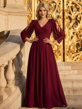 EVERPRETTY Elegantes burgunderrotes Chiffonabendkleid mit perlenbesetzter Schulterkape, langes Abendkleid für Hochzeitsfeier oder Bankett