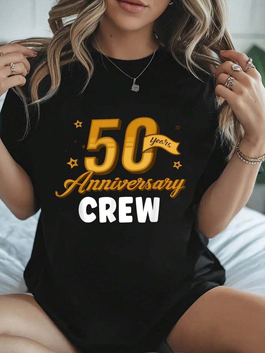 100% Algodón 50 Aniversario 50 años de matrimonio Camiseta de algodón con estampado de boda dorada para verano, camiseta de manga corta suave para mujeres, camiseta cómoda y elegante para mujeres, camisetas gráficas - Negro - Ver 1