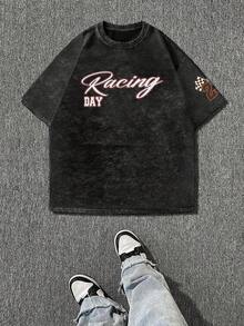 Zrgoth Men's Casual Versatile Minimalist Racing English Slogan Element Washed Short Sleeve T-Shirt - Black - View 4