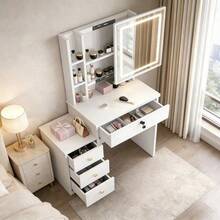Large Vanity Desk With Light Mirror, Makeup Vanity Dressing Table With 4 Drawers, With Stool And Storage Shelves, Bedroom Vanity Table For Women' S Day (White) - Màu trắng (Không có ghế) - Xem 7