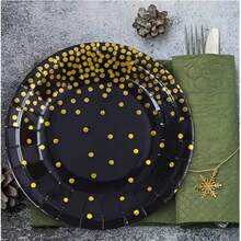 黑色波点纸盘，高品质烫金工艺，适用于节日聚会、生日庆祝、周年纪念日及各种庆典活动。 - 黑色 - 查看 2
