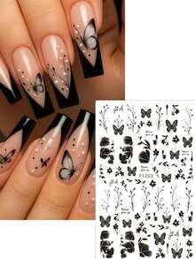 2 miếng dán móng tay hình hoa bướm đen, kiểu Gothic, họa tiết lá hoa năm cánh, phụ kiện trang trí móng tay, dụng cụ làm móng, miếng dán móng tay. - màu đen - Xem 3