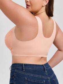 Sujetador inalámbrico con cierre delantero de encaje para mujer de talla grande, sexy encaje con espalda de tirantes, sin costuras y sin aros - Albaricoque - Ver 3