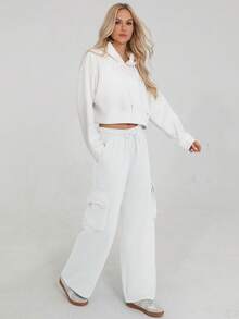 New Casual Loose Fit Elastic Waist Wide Leg Sweatpants, Thicker Thermal Lined, Versatile & Slimming - 白色 - 查看 4