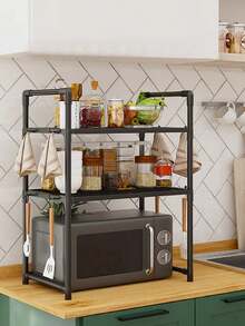 1pc Double-Layer Kitchen Shelf With Handrail, Multifunctional Kitchen Storage Rack For Microwave Oven, Bread Maker, Spices And Miscellaneous Items - Multicolor - View 1