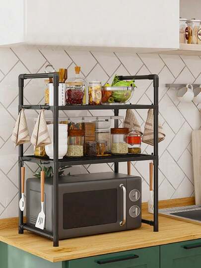 1pc Double-Layer Kitchen Shelf With Handrail, Multifunctional Kitchen Storage Rack For Microwave Oven, Bread Maker, Spices And Miscellaneous Items