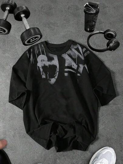 Black Gothic Style Sports Short Sleeve T-Shirt For Men, Summer Thin Breathable Loose Tops With Random Graffiti Print, Suitable For Gym Workout, Running, Outdoor, Casual, Commuting, Party, Holiday, Streetwear, All Season