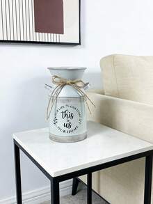 Distressed White Metal Decorated Milk Can Vase, Vintage Iron & Jute Rope Tie, Printed "This Is Us" Warm Slogan, Relaxed Atmosphere. Can Be Used As A Flower Vase For Dried Flowers Or A Storage Jar, Suitable For Nordic, Minimalist Style Desktops, Entryways, Home Decor - Gentle Yet Practical. - Level 4 Double-eared Pot 2 - View 3
