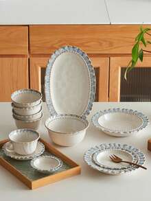 Cabin Kangaroo 1件/2件/4件套复古蓝色蕾丝花纹陶瓷餐具套装，家居奢华碗碟组合，网红高端椭圆形餐盘，早餐碗，汤碗 - 彩色 - 查看 9