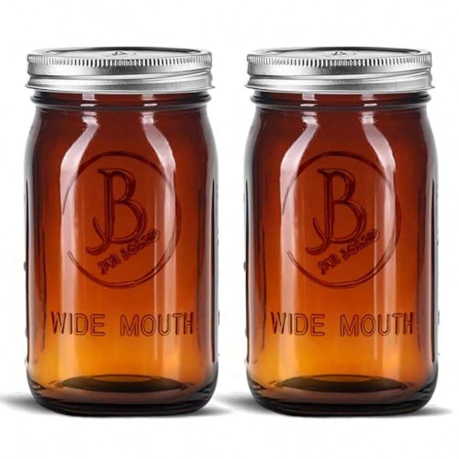Tarros Mason de boca ancha ámbar de 32 onzas paquete de 2 tarros de vidrio ámbar con tapas y bandas herméticas. Para almacenamiento enlatado fermentación preparación de comidas café frío apto - mbar - Ver 1