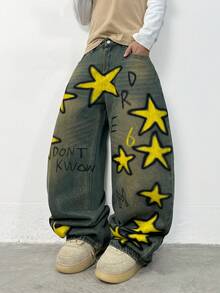 1件 Justice Brother 复古印花男士宽松阔腿牛仔裤，休闲品牌裤装（不含腰带和配饰） - 藍色 - 查看 9