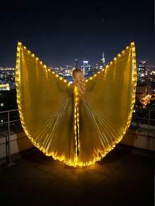 1 pieza Alas de danza del vientre iluminadas con LED, adecuadas para adultos, se pueden usar como accesorios de iluminación para fotos y fiestas, aplicables para varios festivales y escenarios de actuación, disfraz giratorio 360°, con varilla telescópica - Alas brillantes y divididas en oro - Ver 8