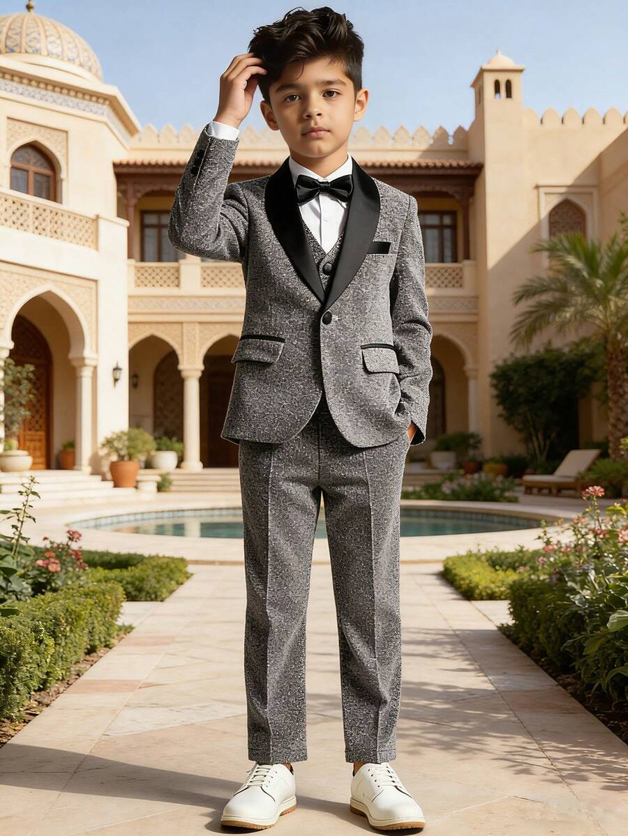 3pcs Boys Suit Set, New Flower Boy Wedding Formal Outfit, Performance Wear For Toddler, Little & Big Kids, Includes Blazer, Pants, Bow Tie - Grey - View 1