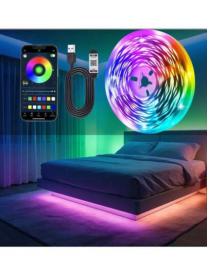 智能APP控制3535 RGB LED灯条，可调光、可裁剪，自粘式，适用于房间、派对、圣诞节、新年装饰灯