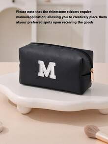 1pc Women's Octagonal Makeup Bag, Travel Organizer Bag, Bridal Makeup Bag, PU Letter Makeup Bag, Portable Chenille Letter Zipper Makeup Bag, Letter Patch PU Leather Waterproof Travel Toiletry Bag, Letter Combination Cosmetic Bag (Letter A~Z), Suitable For Autumn Home Decor - Black and White Lettering - View 16