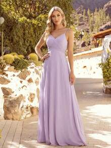 EVERPRETTY Elegant Pleated Chiffon Sleeveless Long Dress In Light Purple, Suitable For Weddings, Parties, Graduations And Other Occasions - Mauve Purple - View 3