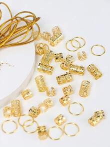 41pcs Gold Wire Sun Shaped Hair Rings Mixed Set, Women's Braided Hair Accessories, Holiday Party Headwear, Halloween Hair Decorations - 發環套裝D-金色 - 查看 3