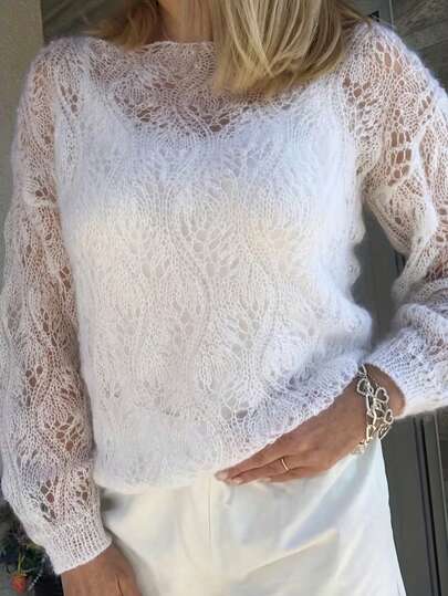 Women's White Hollow Lace Boat Neck Blouse | Loose Knit Long Sleeve Sweater | Elegant Layering Piece For New Year And Spring Vacation Beach Summer