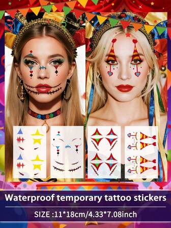 4Pcs Tattoo Carnival Temporary Tattoo Face Decoration Joker Clown Fake Waterproof Sweatproof Disposable For Women And Mem Face, Arm, Waist, Chest, Leg, Abdomen, Neck, Hand, Finger, Back For Dancing Party Stage Performance Modernist Body Art