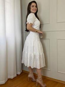 Women's 3-Marias Midi Dress In Elegant Cotton Lace With Belt And Ruffled Hem - Casual Fashion - For Dating Or Weddings - 白色 - 查看 5