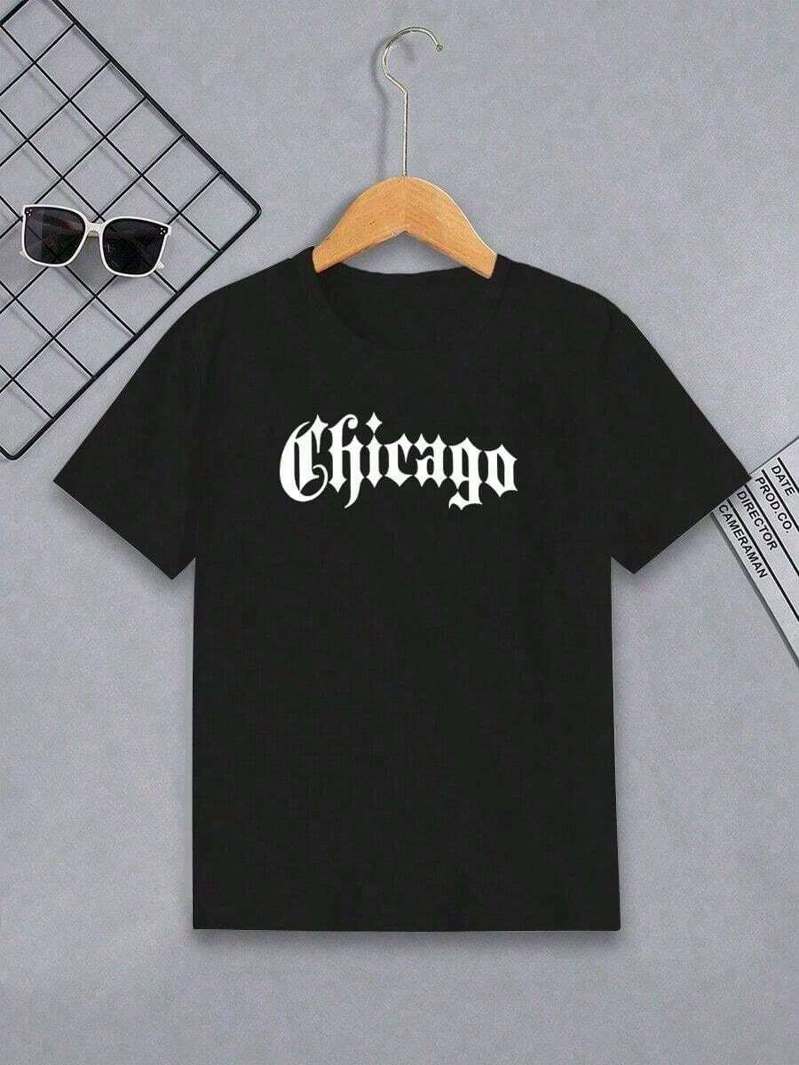 Children's T-Shirt With Chicago Print, New White Cotton Shirt For Boys Or Girls. - 黑色 - 查看 1