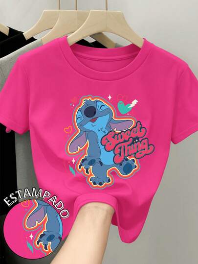  Camiseta para mujer de 100% algodón con cuello redondo y manga corta Estampada original de Disney Película Lilo y Stitch ideal para festividades del día del amor y el amigo Febrero Regalo ideal Primavera Verano Otoño Invierno Stitch tierno y esponjoso Diseño Retro Sweet Stich