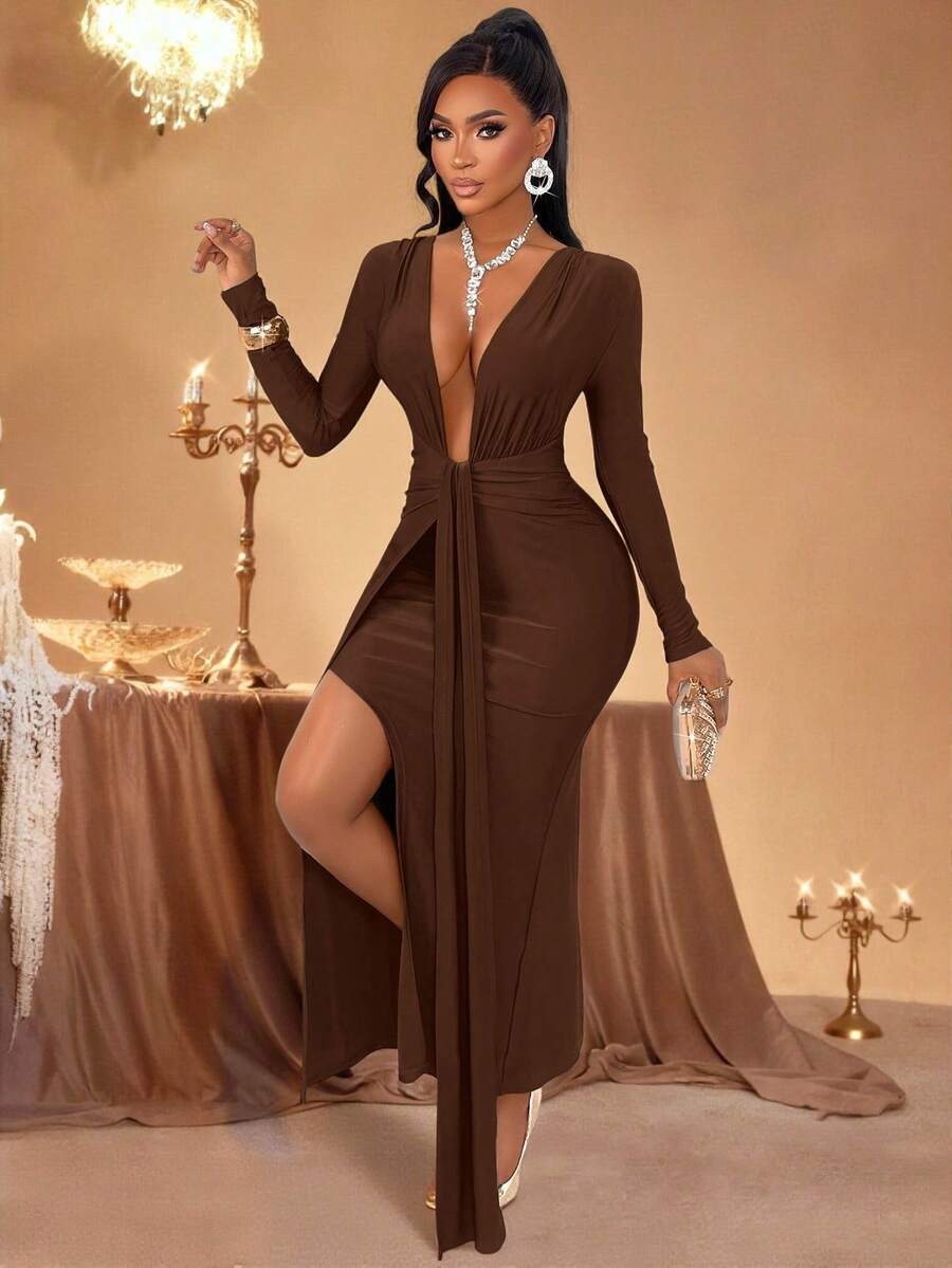 AIJ Amarilo Women's Autumn/Winter Fashionable Sexy Party Dress, Deep V-Neck, Long Sleeve, Layered Detail, Waist Cinching Design, Side Slit, Fishtail Hem, Solid Shiny Fabric Long Dress - Brown - View 1