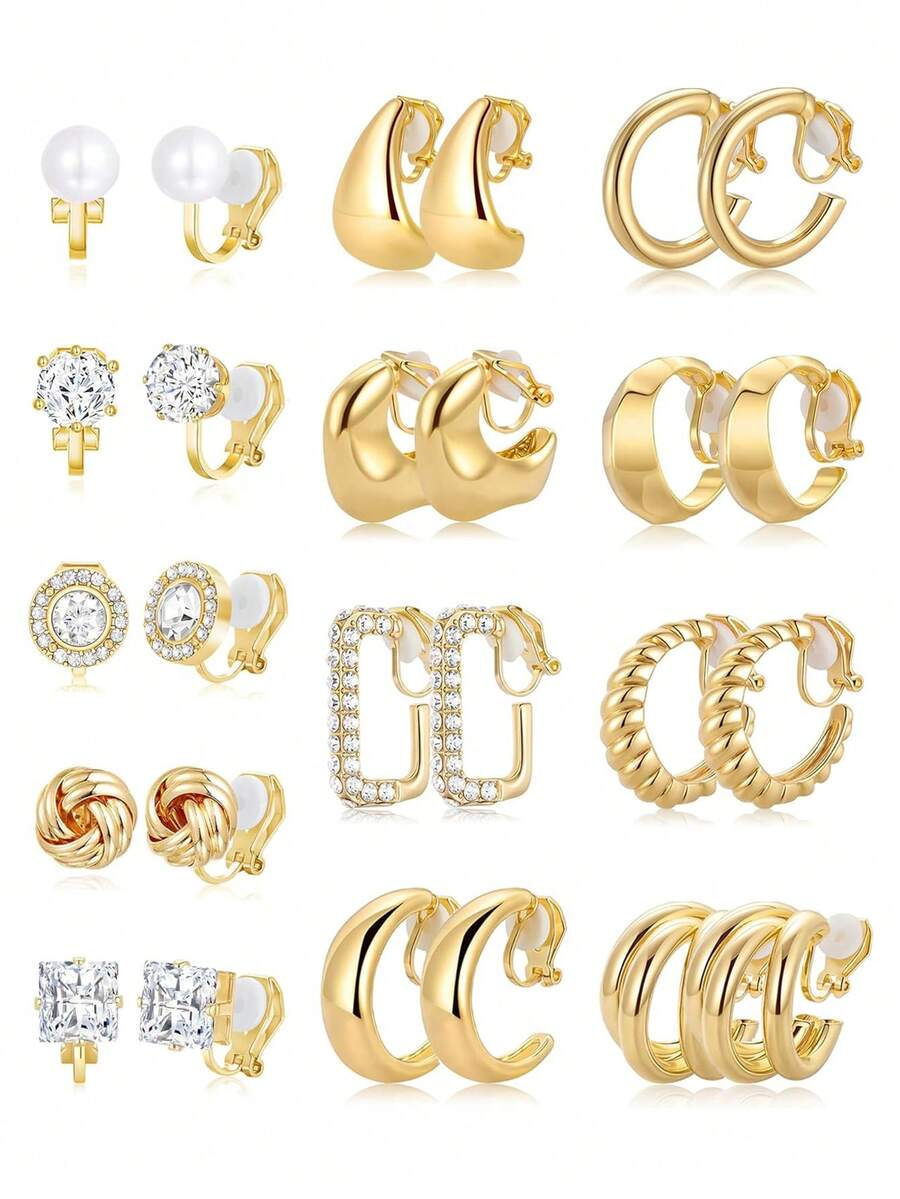 13pcs Women's Clip-On Earrings Set, 14K Gold/Silver Plated Thick Hoop Clip Earrings With Zirconia, Pearl, Knot, Twist, Teardrop, Croissant Elements, No Piercing Needed, Earring & Stud Jewelry Set