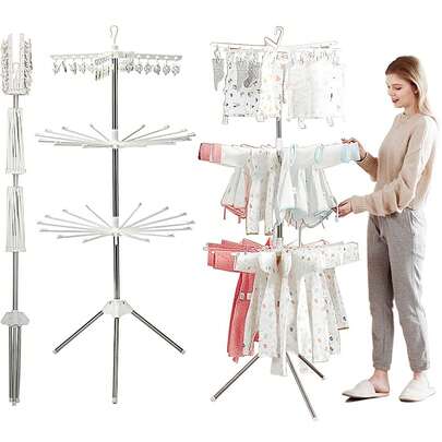 Foldable Clothes Drying Rack - 3 Tier Laundry Drying Rack, Portable Clothing Rack With Rotating Clothes Rail With 24 Clips,10 Towel Sticks And 3 Rotatable Arms For Hangers, Stainless Steel, Space Saving, Suitable For Indoor Or Outdoor