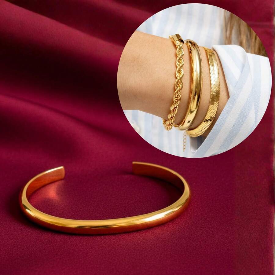SEMI JÓIA - Bracelete Feminino Liso Robusto Grosso Banhado em Alto Padrão de Ouro 18k ou Prateado Anti Alérgico