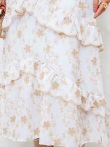 Women's Maxi Dress With Embroidered Appliqués, Puff Sleeves, Layered Skirt, V-Neck, Faux Buttons On The Bust, Elegant, Romantic And Perfect. - 白色 - 查看 5
