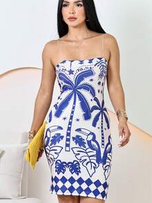 Fitted Dress With Toucan And Palm Tree Print, Beach Style, Spring And Summer, Vacation - 藍色 - 查看 2