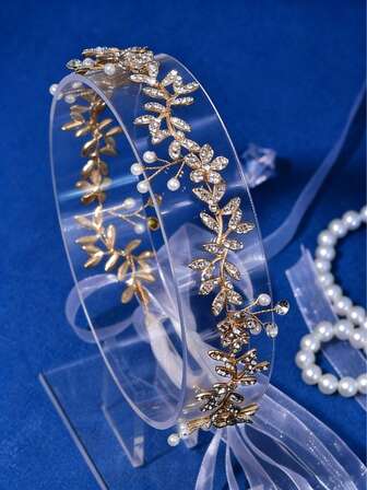 1件优雅金属叶子花朵装饰珍珠新娘腰带，适合情人节装饰，可搭配女孩紧身连衣裙作为腰部配饰