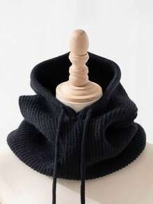 1件装女士拉法帽，带可拆卸颈套，羊毛混纺保暖颈套滑雪面罩，户外冬季保暖围巾帽，适合穆斯林头巾连衣裙 - 黑色 - 查看 3