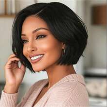 13x4 透明蕾丝前假发，巴西 Remy 真人发精灵短发假发，逼真发际线，柔顺短直发造型，适合日常佩戴、派对、音乐节和圣诞节 | 自然外观，百搭耐用 - Natural Black - 查看 5