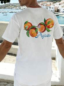 男士夏季时尚简约创意桃子与英文元素印花圆领短袖T恤 | 基础款街头休闲套头衫，百搭男友礼物