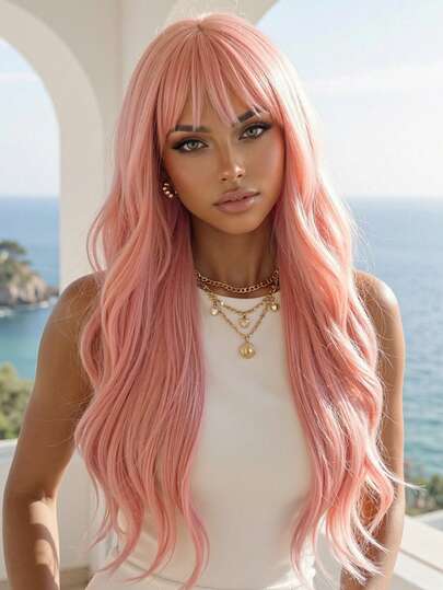60 cm lång lockig peruk med rosa lugg, värmebeständig peruk med syntetfiber, lämplig för kvinnligt rollspel, fester och andra tillfällen