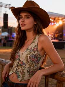Western Floral Sleeveless Vest Women - Deep V Cowgirl Vintage Casual Waistcoat Boho Veast For Vacation Stage & Concert - 彩色 - 查看 4