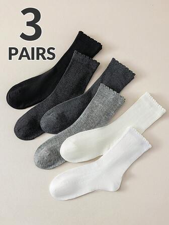 3 paires de chaussettes fines à revers en maille pour femmes, couleur unie douce, style décontracté universitaire, mode minimaliste, haute qualité, chaussettes de maternité, longueur mi-mollet